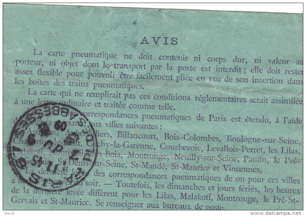 Entier Carte Lettre Pneumatique Semeuse 30c Violet  ( K2b ,sans Date , 20 Villes ) Oblitérée 1908 . - Pneumatische Post