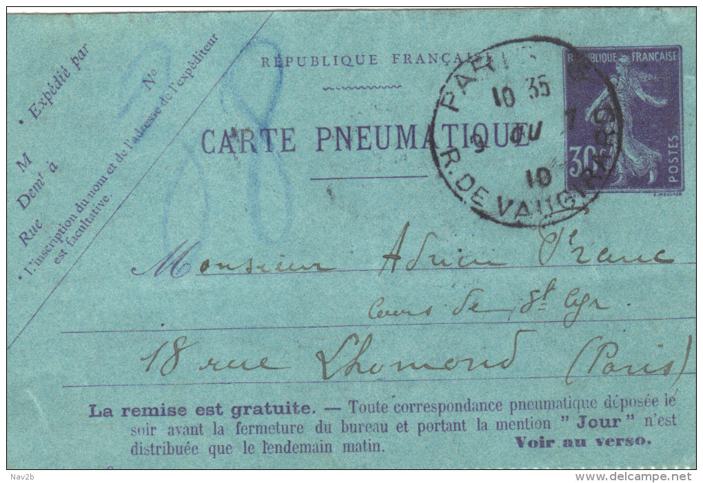 Entier Carte Lettre Pneumatique Semeuse 30c Violet  ( K3 , Date Oblique 010 ) Oblitérée 1910 - Neumáticos