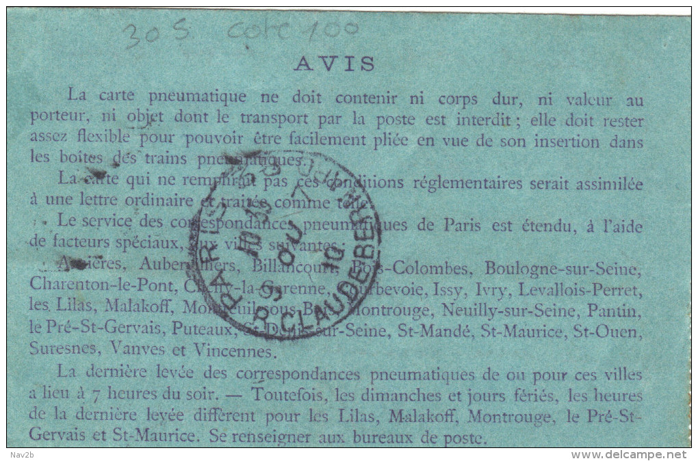 Entier Carte Lettre Pneumatique Semeuse 30c Violet  ( K3 , Date Oblique 010 ) Oblitérée 1910 - Neumáticos