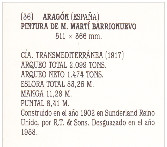 ARAGON (ESPAÑA) CIA. TRANSMEDITERRANEA.. NO CIRCULADA  1990. BARCO 001 - Comercio