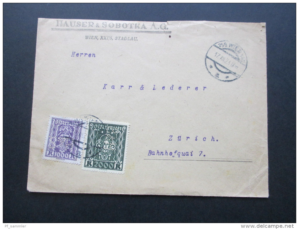 Österreich 1923 Nr. 391 Und 405 MiF Perfin / Firmenlochung!! Hauser & Sobotka A.G. Nach Zürich. Perfin H & S - Covers & Documents