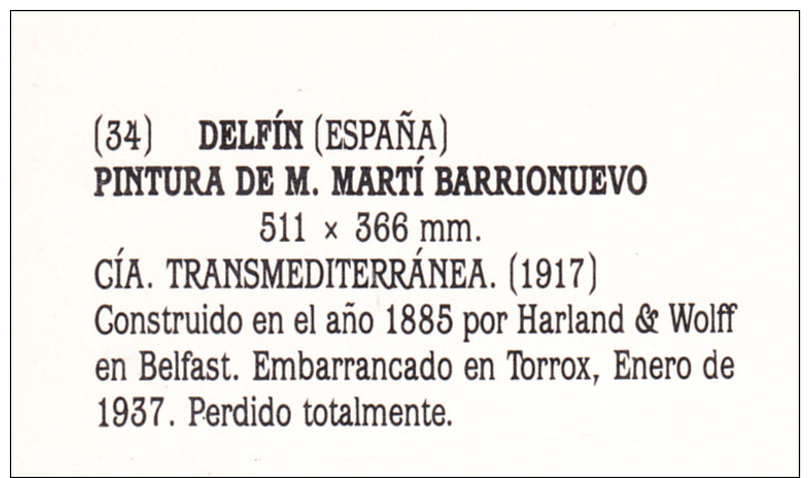 DELFIN (ESPAÑA) CIA. TRANSMEDITERRANEA.. NO CIRCULADA  1991. BARCOS 003 - Commercio