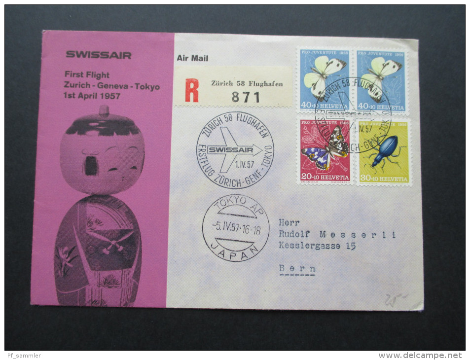 Schweiz 1957 Swissair First Flight Zürich - Geneva - Tokyo. Sonderstempel. Pro Juventute Nr. 636 MiF. - Brieven En Documenten