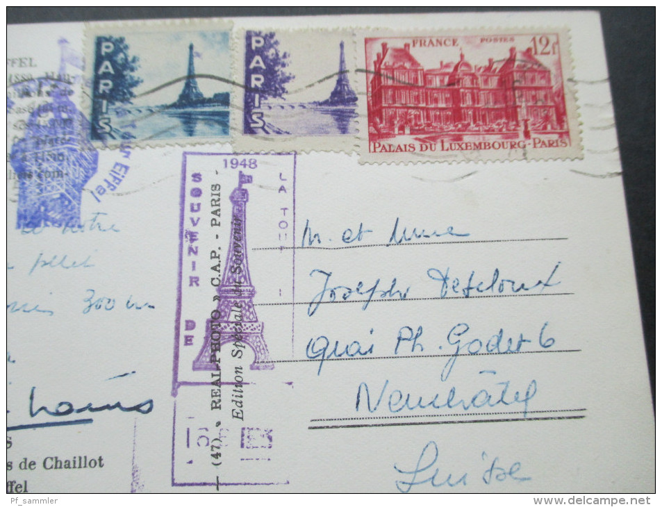 AK / Echtfoto Eiffel Turm 1948 Mit Sonderstempel / Vignetten. La Tour Eiffel - Lettres & Documents