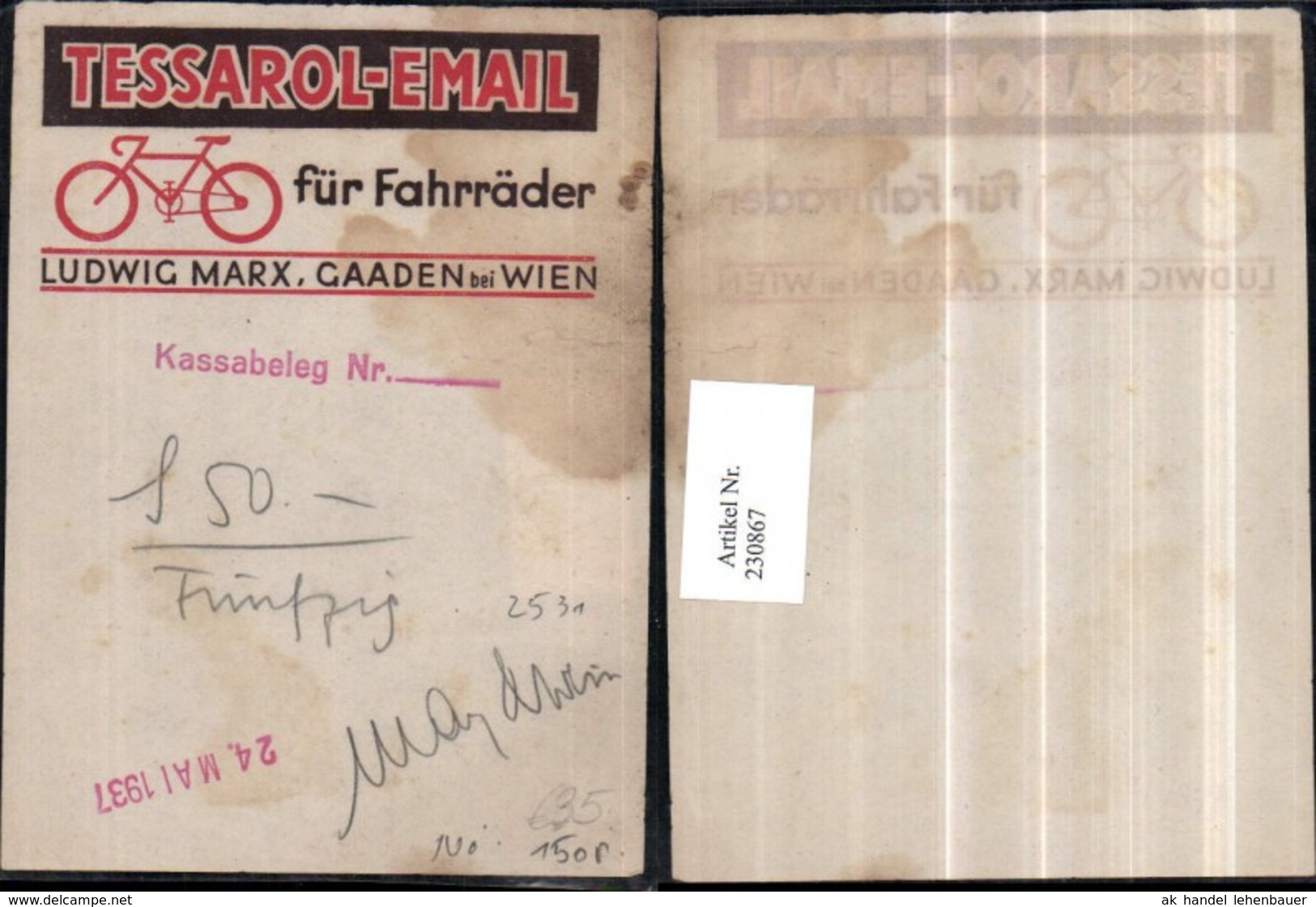 230867,Reklame Werbung Tessarol-Email Fahrrad Ludwig Marx Gaaden B. Wien - Advertising