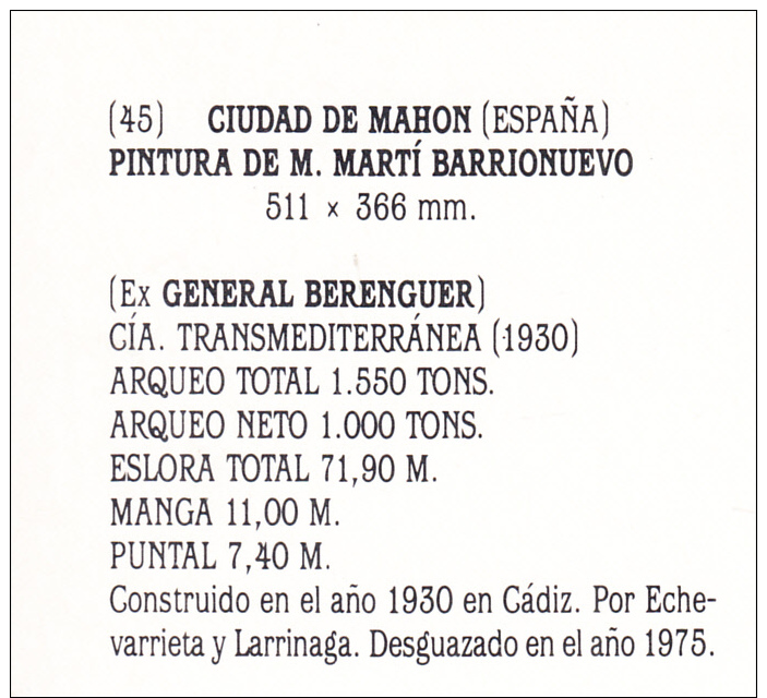 CIUDAD DE MAHON  (ESPAÑA) CIA TRANSMEDITERRANEA  . NO CIRCULADA  1990. BARCOS 017 - Comercio