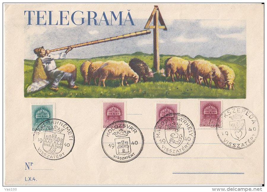 SHEEPS, SHEPHERD, ALPHORN, TELEGRAMME COVER, ROYAL CROWN STAMPS, VISSZATERT ROUND POSTMARKS, 1940, HUNGARY - Télégraphes