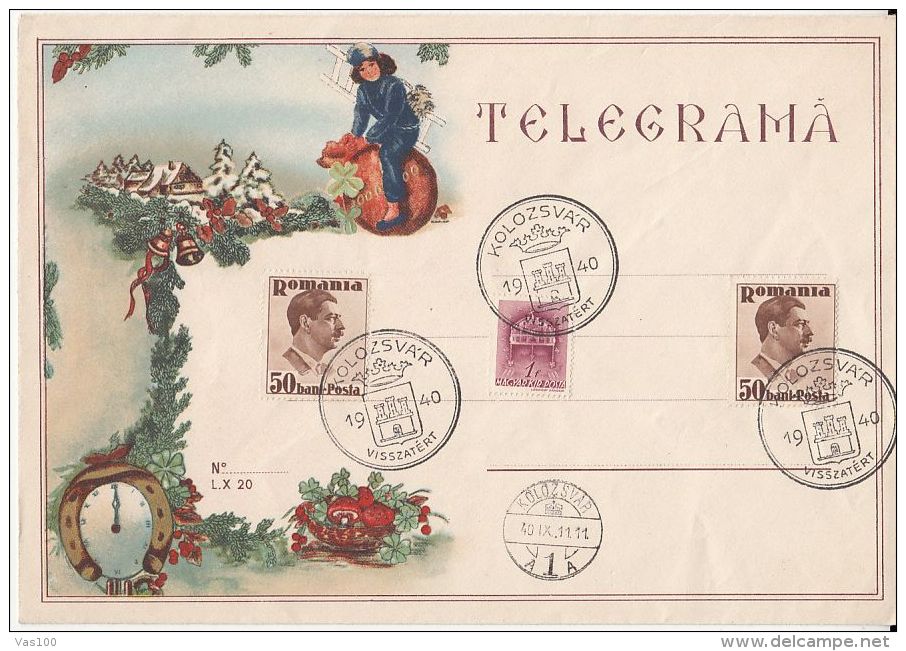 NEW YEAR, TELEGRAMME COVER, ROYAL CROWN, KING CHARLES II STAMPS, VISSZATERT ROUND POSTMARKS, 1940, HUNGARY-ROMANIA - Télégraphes
