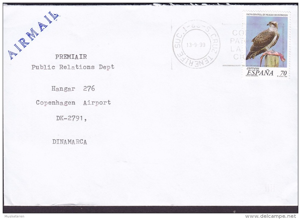 Spain AIRMAIL Line Cds. S. CRUZ TENERIFE 1999 Cover Letra Denmark Bird Vogel Oiseau Fauna Peligro Extincion - Briefe U. Dokumente