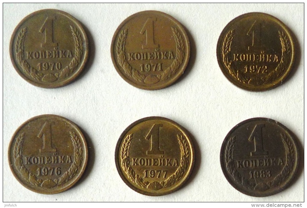 LOTE DE SEIS MONEDAS DE 1 KOPEK DE RUSIA. CON AÑOS DIFERENTES - Rusia