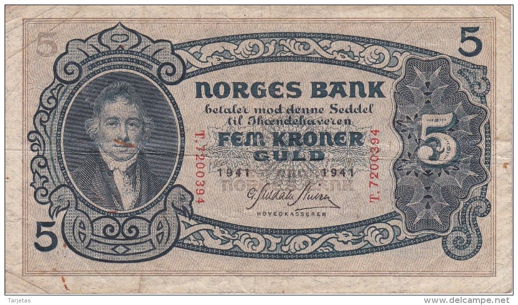BILLETE DE NORUEGA DE 5 KRONER DEL AÑO 1941  (BANKNOTE) - Norway