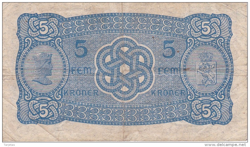 BILLETE DE NORUEGA DE 5 KRONER DEL AÑO 1941  (BANKNOTE) - Noruega