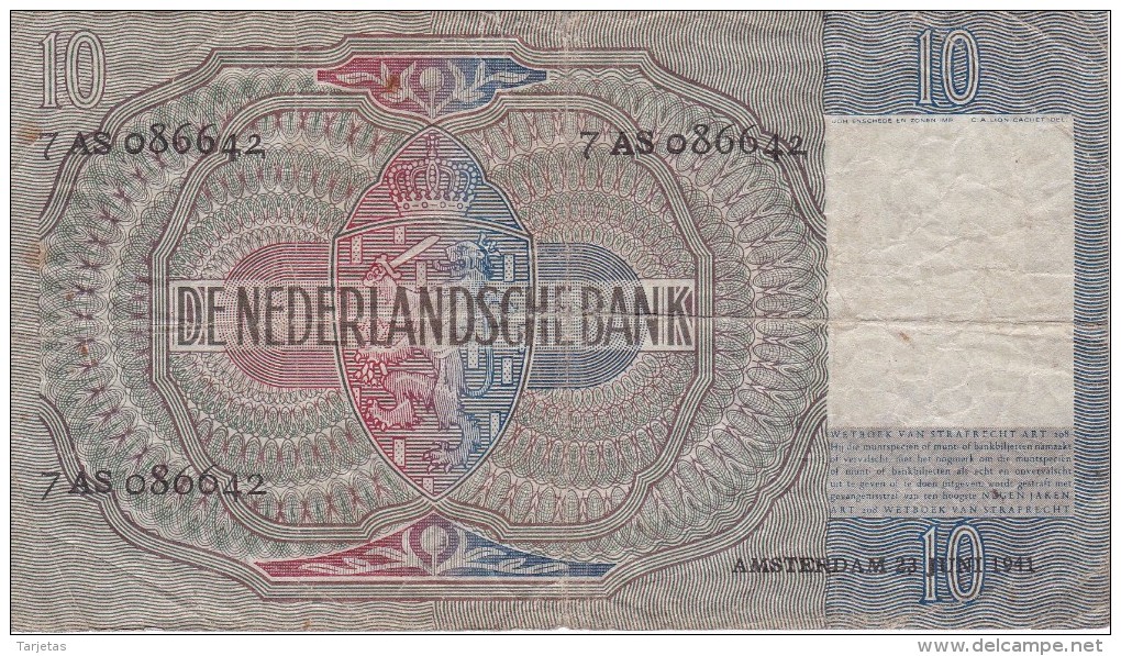 BILLETE DE HOLANDA DE 10 GULDEN DEL AÑO 1941  (BANKNOTE) - 10 Florín Holandés (gulden)