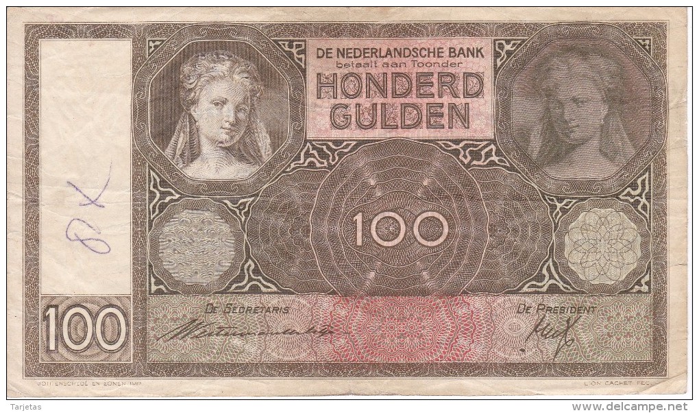 BILLETE DE HOLANDA DE 100 GULDEN DEL AÑO 1939  (BANKNOTE) - 100 Florín Holandés (gulden)
