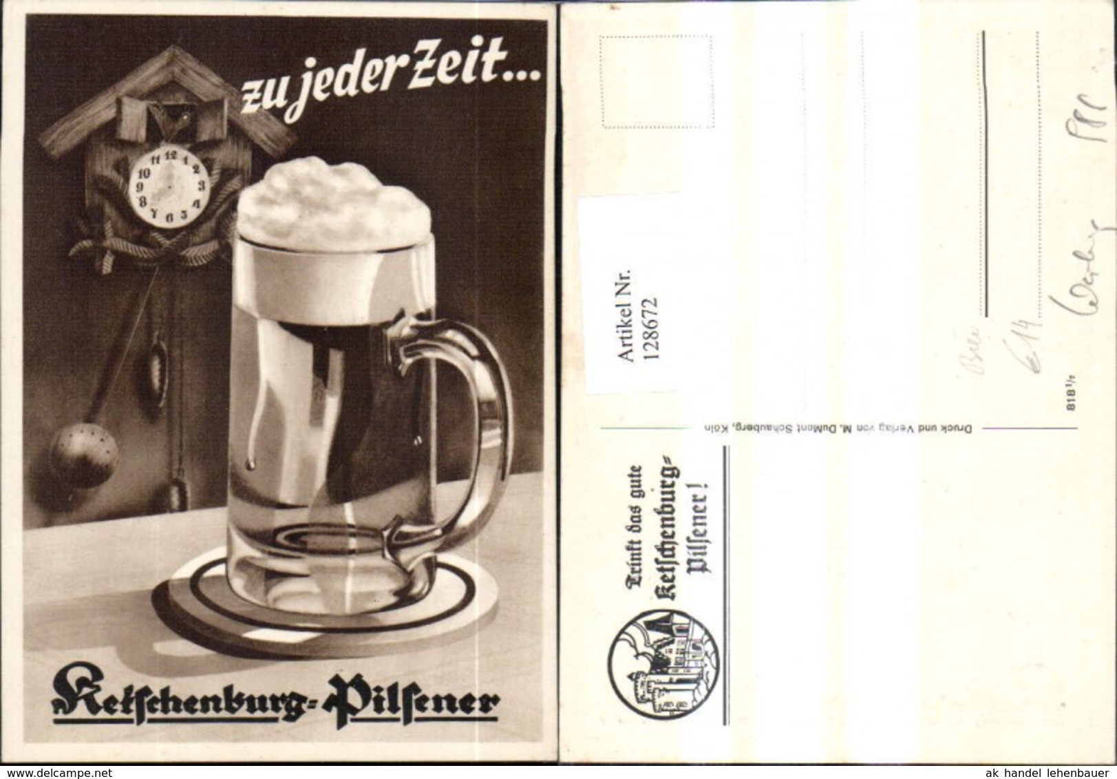 128672,Reklame Bier Ketschenburger Pilsener Bierglas Krug Kuckucksuhr - Werbepostkarten