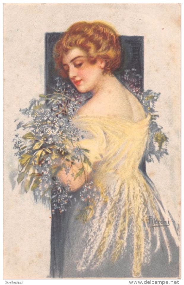 04641 "RITRATTO FEMMINILE" LIBERTY - GIOVANE RAGAZZA, FIORI. FIRMATA PITTORE F. VECCHI 1861-1938  CART  NON SPED - Mode