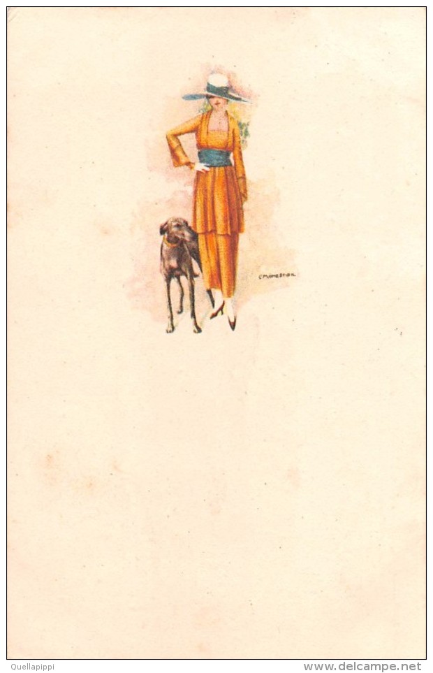 04644 "RITRATTO FEMMINILE" LIBERTY -GIOVANE SIGNORA CON CANE -  FIRMATA PITTORE C. MONESTIER.  CART  SPED 1920 - Mode