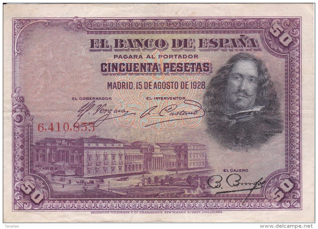 BILLETE DE ESPAÑA DE 50 PTAS DEL AÑO 1928 SIN SERIE  (BANKNOTE) RARO - 50 Pesetas