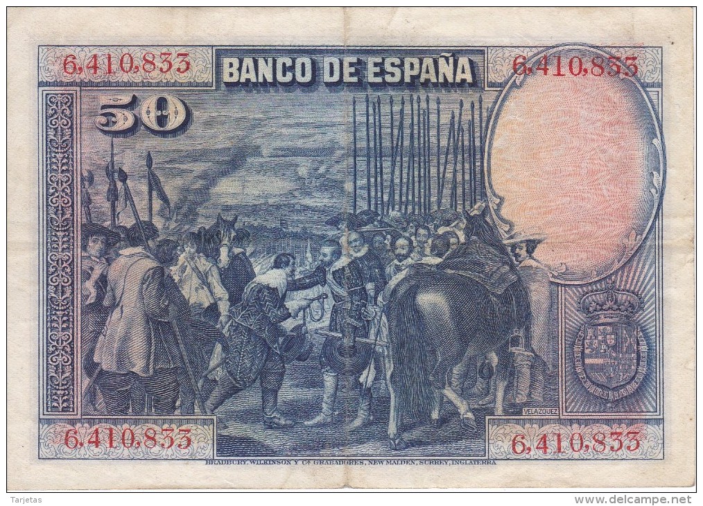 BILLETE DE ESPAÑA DE 50 PTAS DEL AÑO 1928 SIN SERIE  (BANKNOTE) RARO - 50 Pesetas