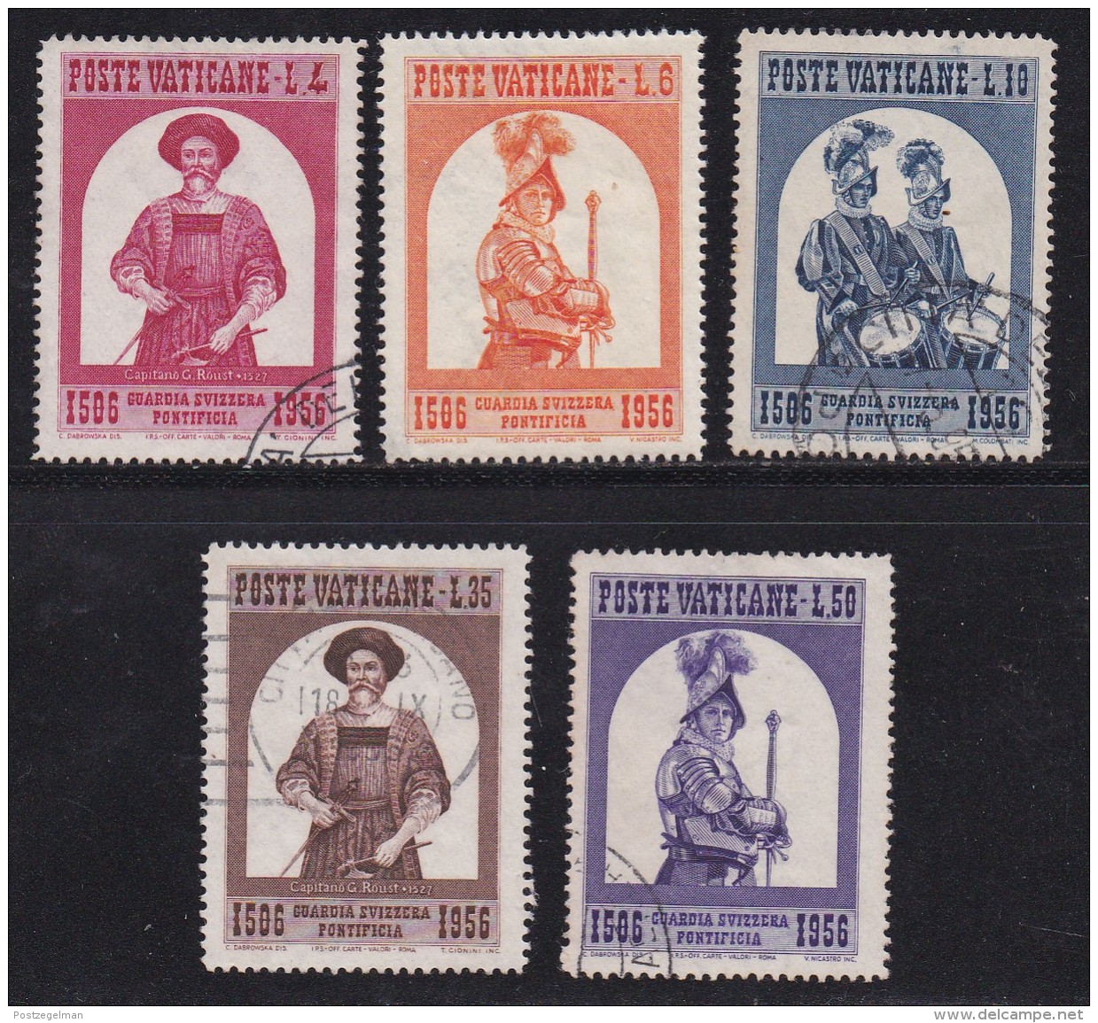 VATICAN, 1956, Mixed Stamp(s), Swiss Guards,  Mi 250=255, #4187,  5 Values Only - Used Stamps