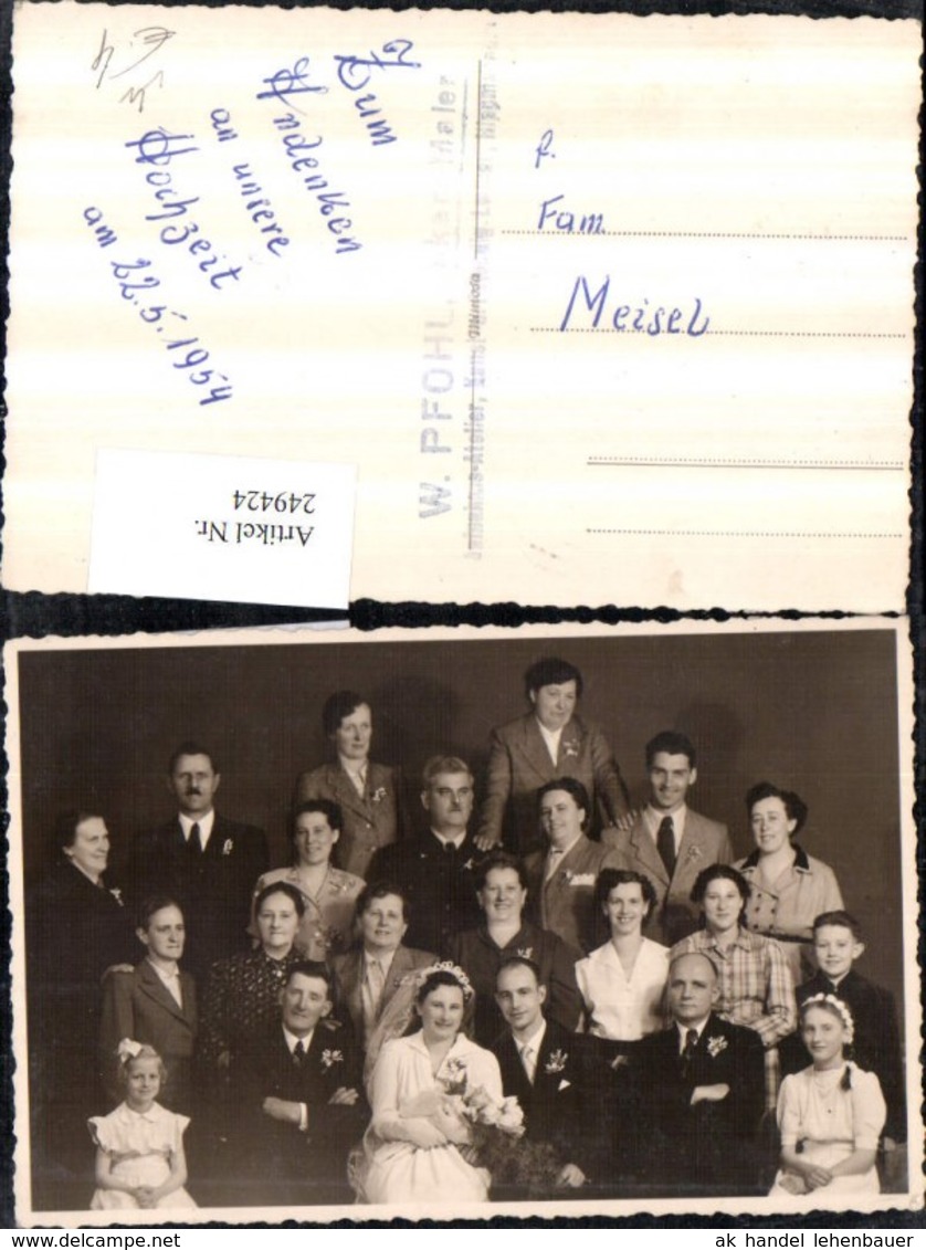 249424,Foto AK Leoben Hochzeit Braut Schleier Blumenstrau&szlig; Familie Gruppenfoto 1954 P - Hochzeiten