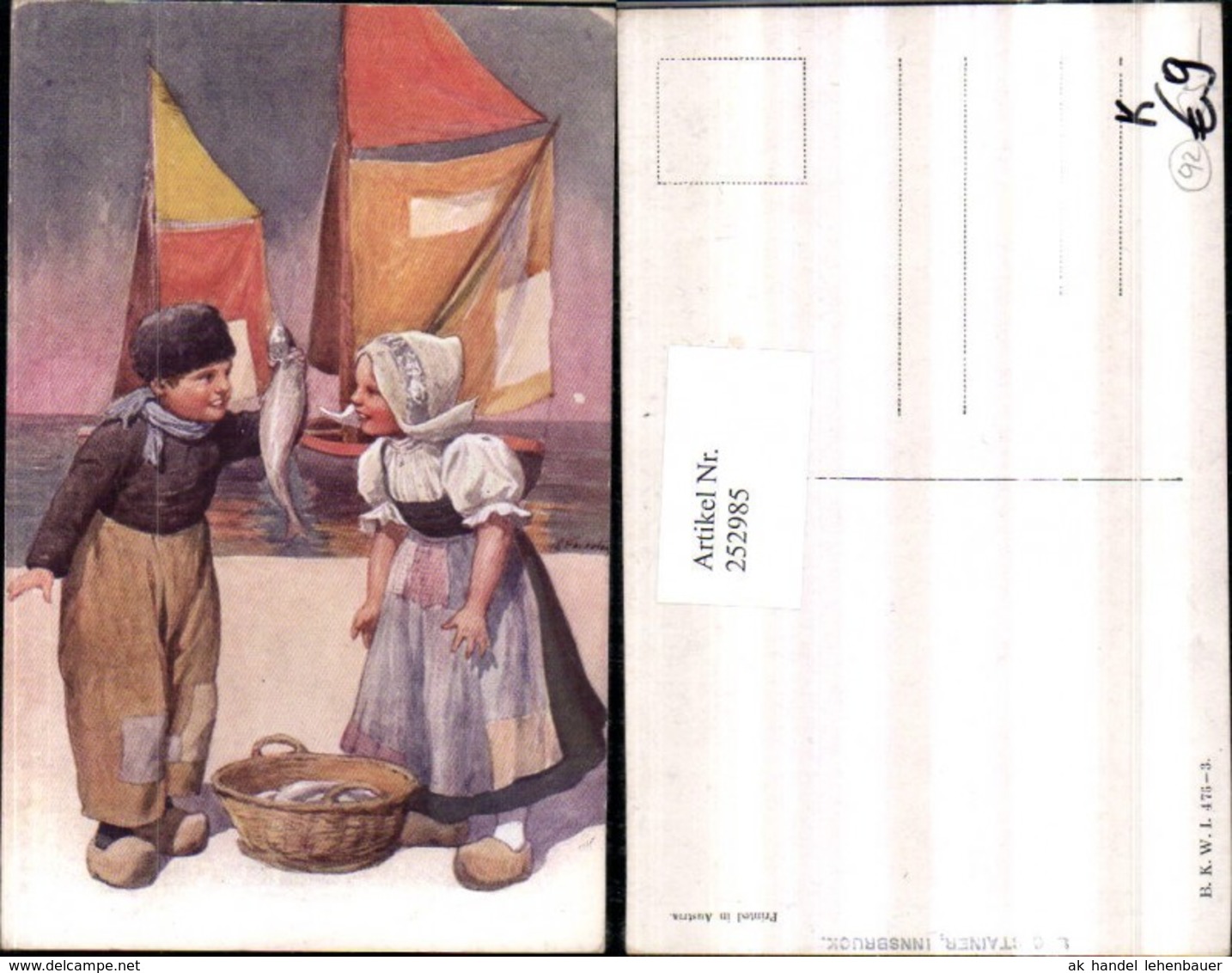 252985,K&uuml;nstler AK Karl Feiertag Holl&auml;ndische Tracht Kinder Pantoffeln Fische Segelbo - Feiertag, Karl