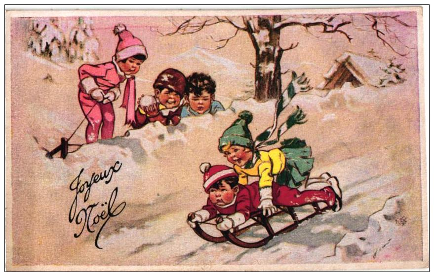 JOYEUX NOEL PAR GERMAINE BOURET "ENFANTS FAISANT DE LA LUGE  REF 47237 - Bouret, Germaine