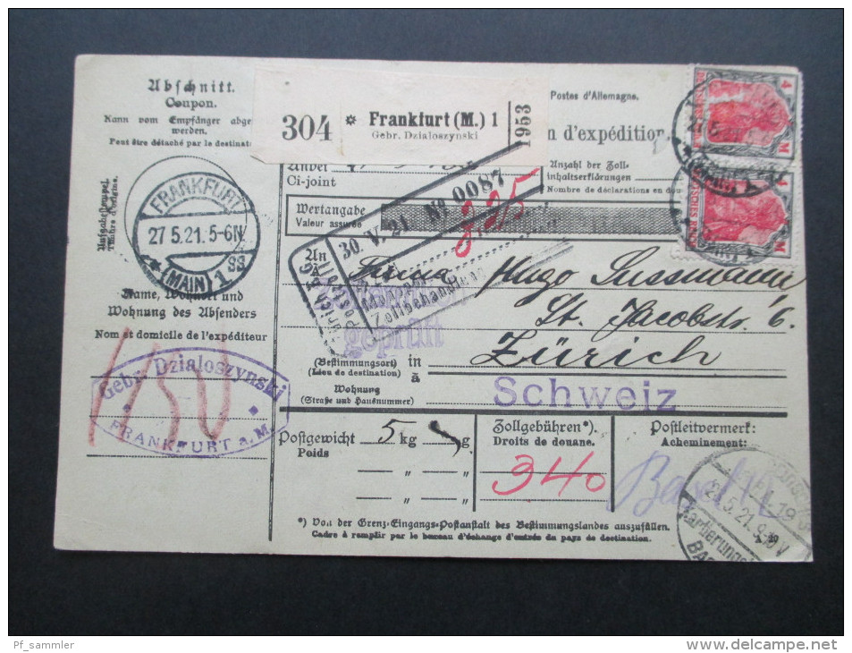 DR 1920 Paketkarte Germania MiF Frankfurt A.M. Gebrüder Dzialoszynski Nach Zürich. Zollamtlich Geprüft. Viele Stempel - Briefe U. Dokumente