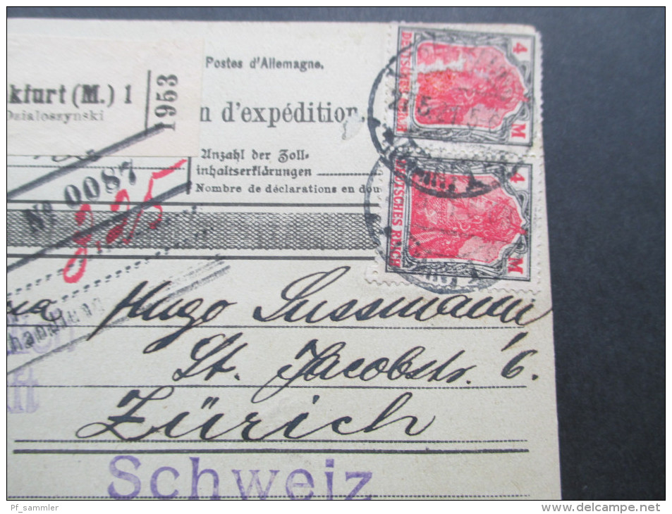 DR 1920 Paketkarte Germania MiF Frankfurt A.M. Gebrüder Dzialoszynski Nach Zürich. Zollamtlich Geprüft. Viele Stempel - Briefe U. Dokumente