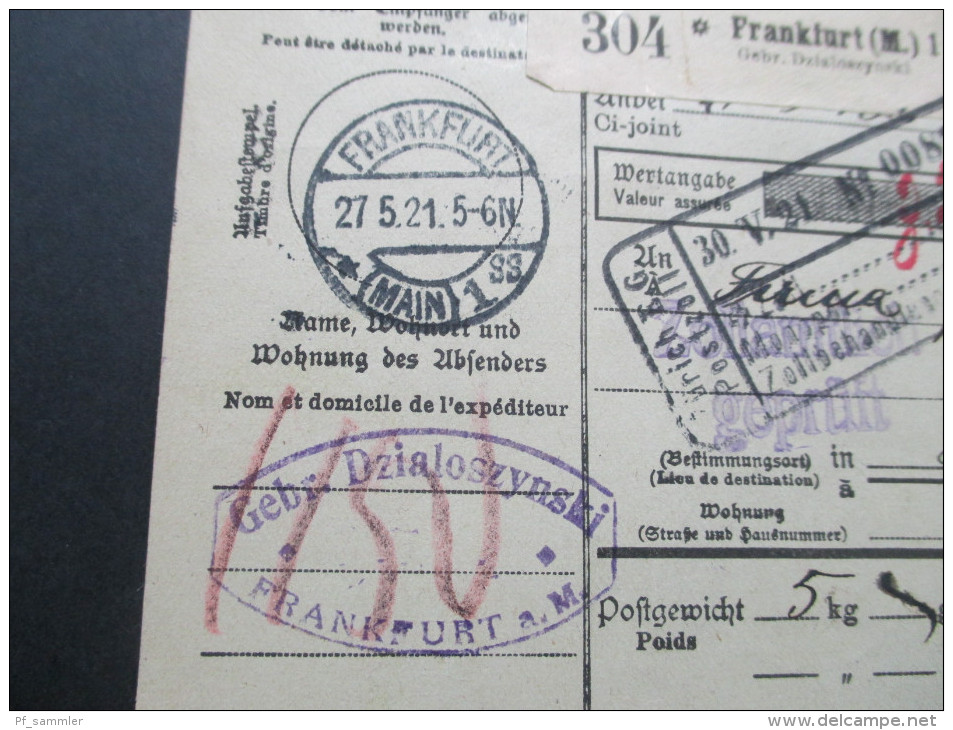 DR 1920 Paketkarte Germania MiF Frankfurt A.M. Gebrüder Dzialoszynski Nach Zürich. Zollamtlich Geprüft. Viele Stempel - Briefe U. Dokumente