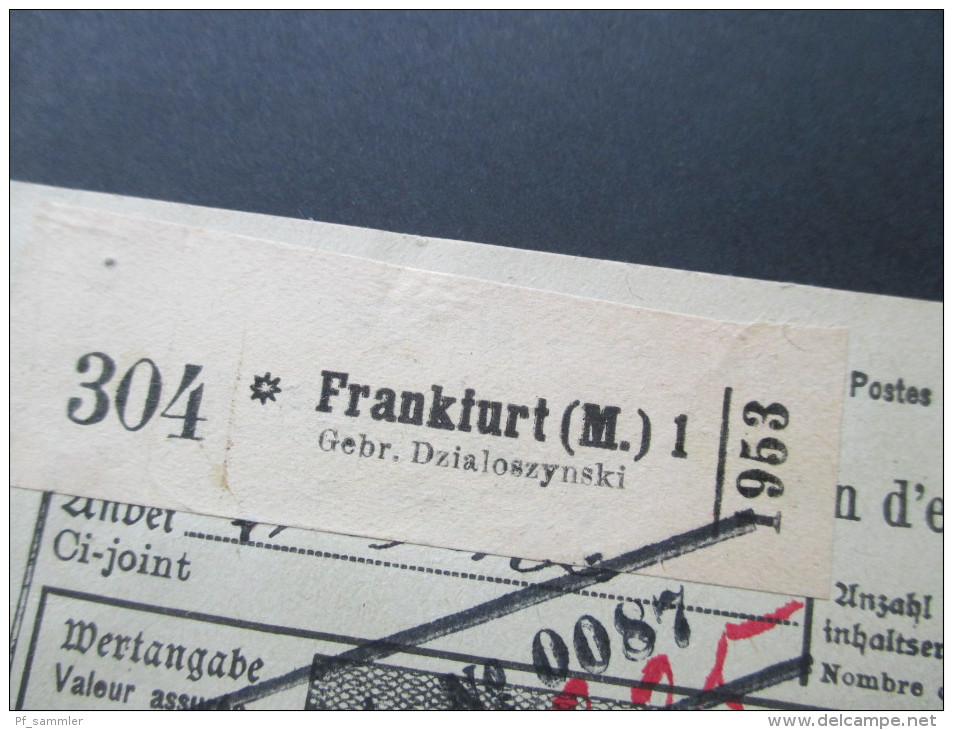 DR 1920 Paketkarte Germania MiF Frankfurt a.M. Gebrüder Dzialoszynski nach Zürich. Zollamtlich geprüft. Viele Stempel