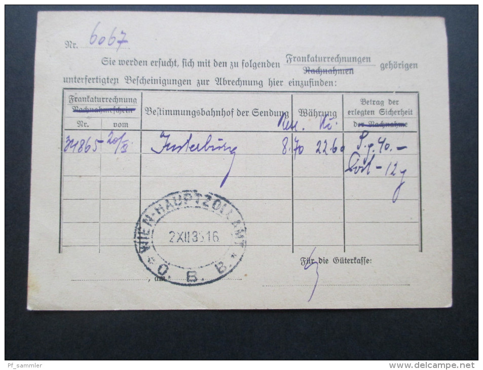 Österreich 1935 Postkarte Bahnhof Wien Hauptzollamt. Ö.B.B. Frankaturrechnung - Brieven En Documenten