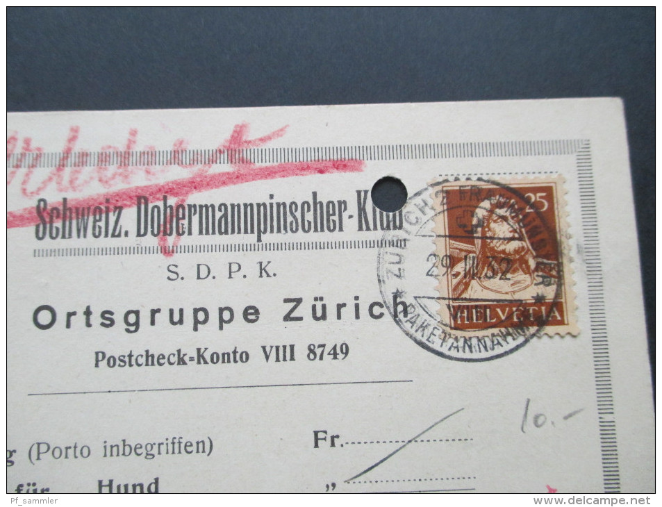 1932 Nr. 207 EF Schweiz. Dobermannpinscher Klub. Nachnahme. Nicht Eingelöst. Zurück. Zürich Fraumünster Paketannahme - Cartas & Documentos