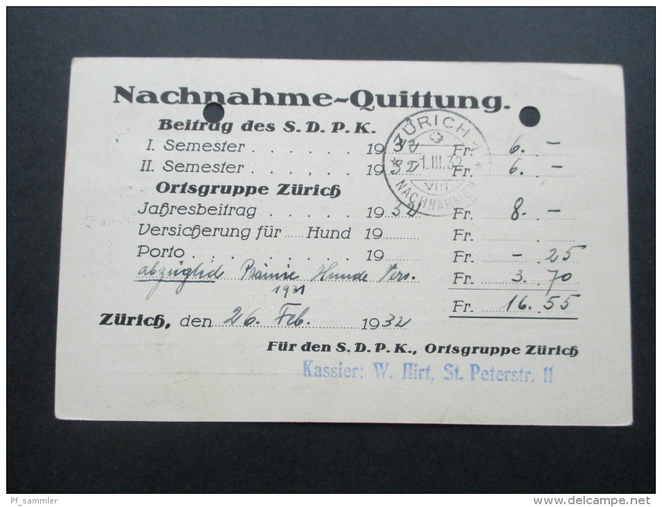 1932 Nr. 207 EF Schweiz. Dobermannpinscher Klub. Nachnahme. Nicht Eingelöst. Zurück. Zürich Fraumünster Paketannahme - Cartas & Documentos