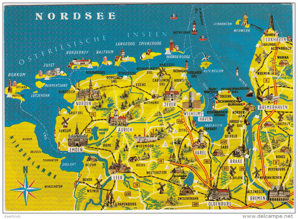 Nordsee & Ostfriesische Inseln - (Winschoten, Delfzijl, Spiekeroog, Cuxhafen, Bremen Usw.) - (Deutschland) - Landkaarten