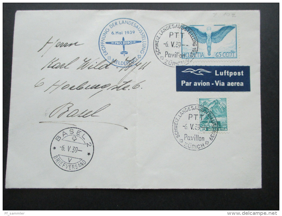 Schweiz 1924 Flugpostmarke Nr. 189 MiF Verwendet 1939 Eröffnung Der Landesausstellung Meldeflug. Interessanter Beleg! - Cartas & Documentos