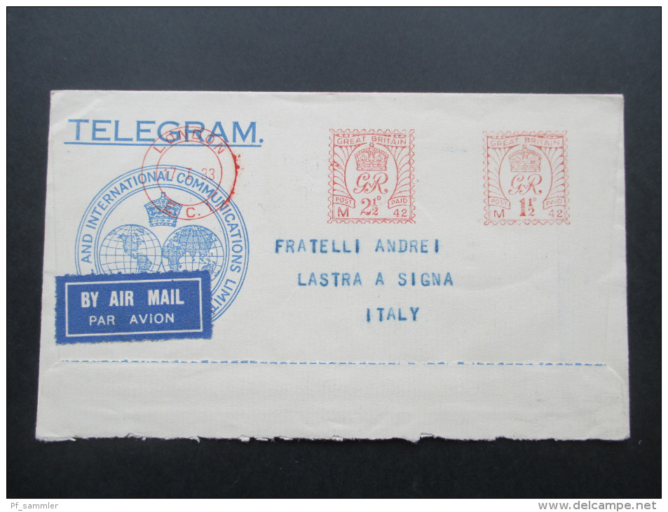 GB 1933 Freistempel Telegram Air Mail. Via Imperial Via Eastern. London Lastra A Signa über Geneve Poste Aerienne Suisse - Briefe U. Dokumente