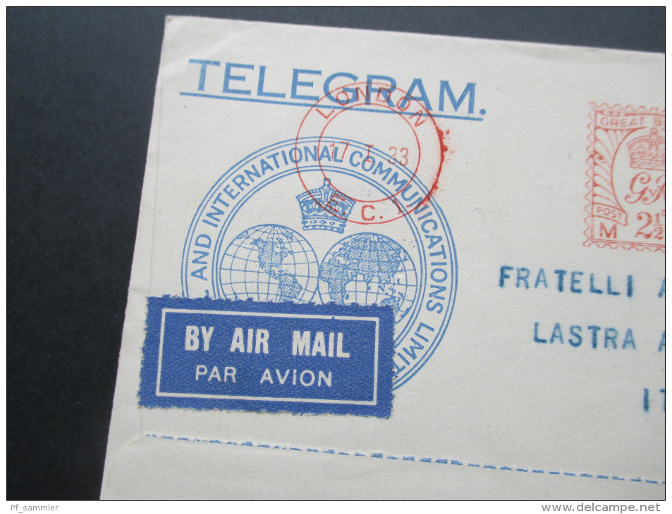 GB 1933 Freistempel Telegram Air Mail. Via Imperial Via Eastern. London Lastra A Signa über Geneve Poste Aerienne Suisse - Briefe U. Dokumente