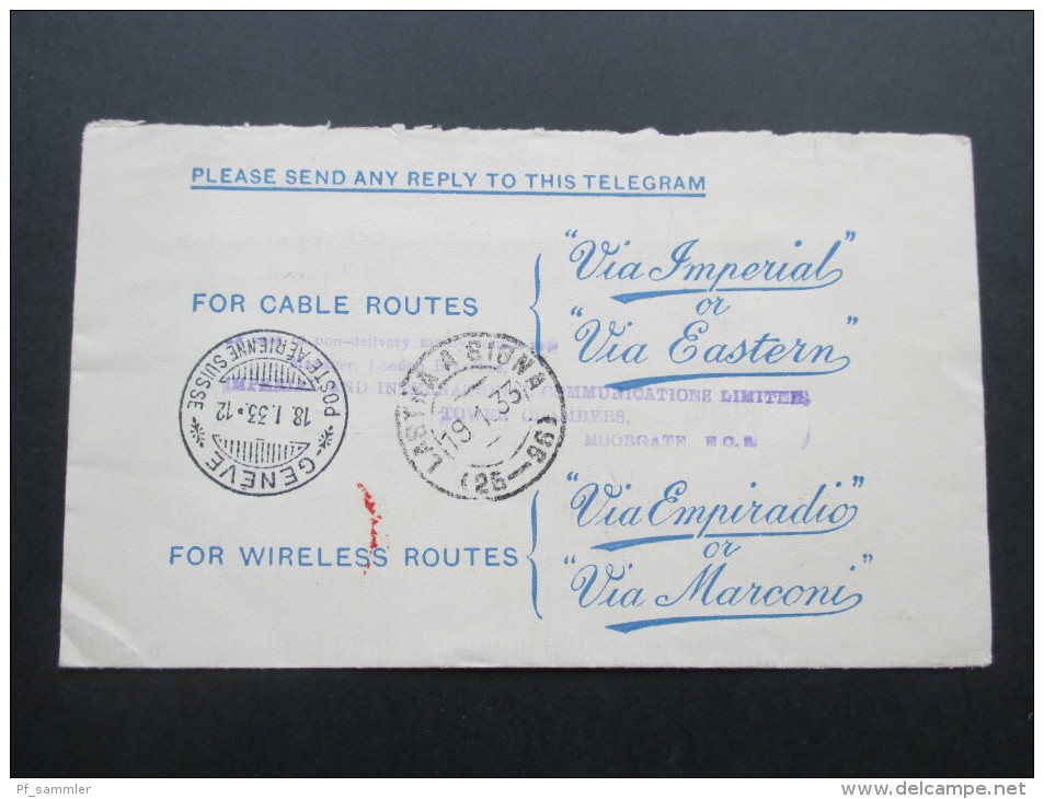 GB 1933 Freistempel Telegram Air Mail. Via Imperial Via Eastern. London Lastra A Signa über Geneve Poste Aerienne Suisse - Briefe U. Dokumente