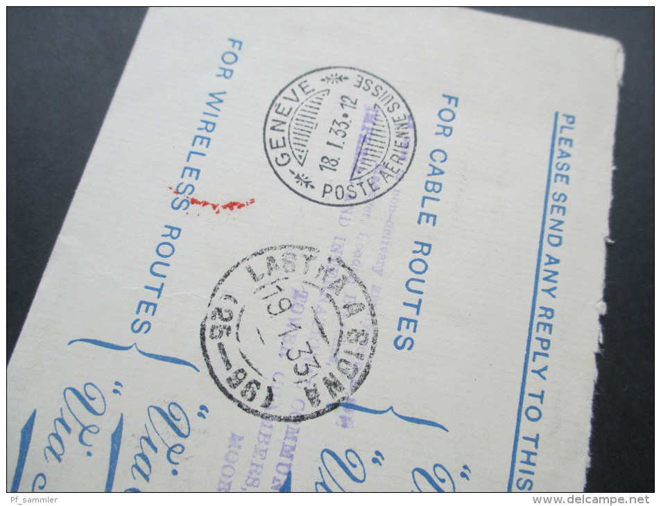 GB 1933 Freistempel Telegram Air Mail. Via Imperial Via Eastern. London Lastra A Signa über Geneve Poste Aerienne Suisse - Briefe U. Dokumente