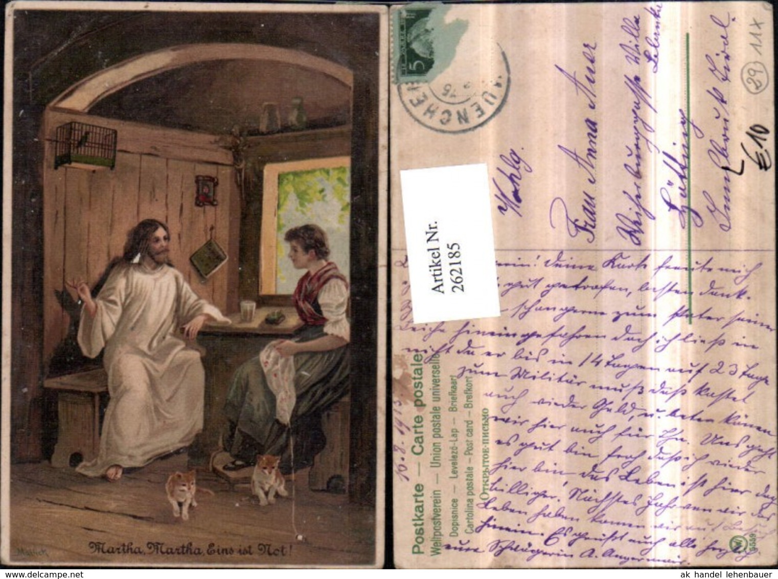 262185,K&uuml;nstler Litho AK Alfred Mailick Frau B. Sticken Katzen Vogelk&auml;fig Jesus Chris - Mailick, Alfred