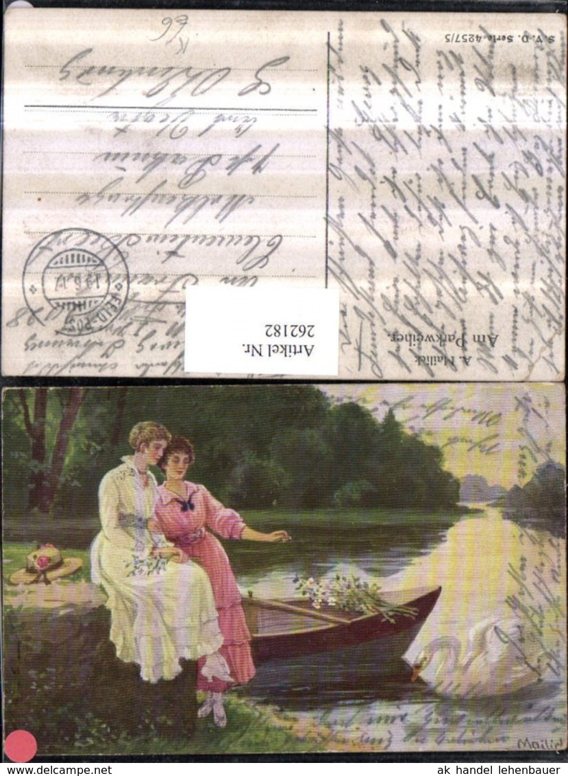 262182,K&uuml;nstler AK Alfred Mailick Am Parkweiher Frauen M. Kleider Ruderboot Schwan Hu - Mailick, Alfred
