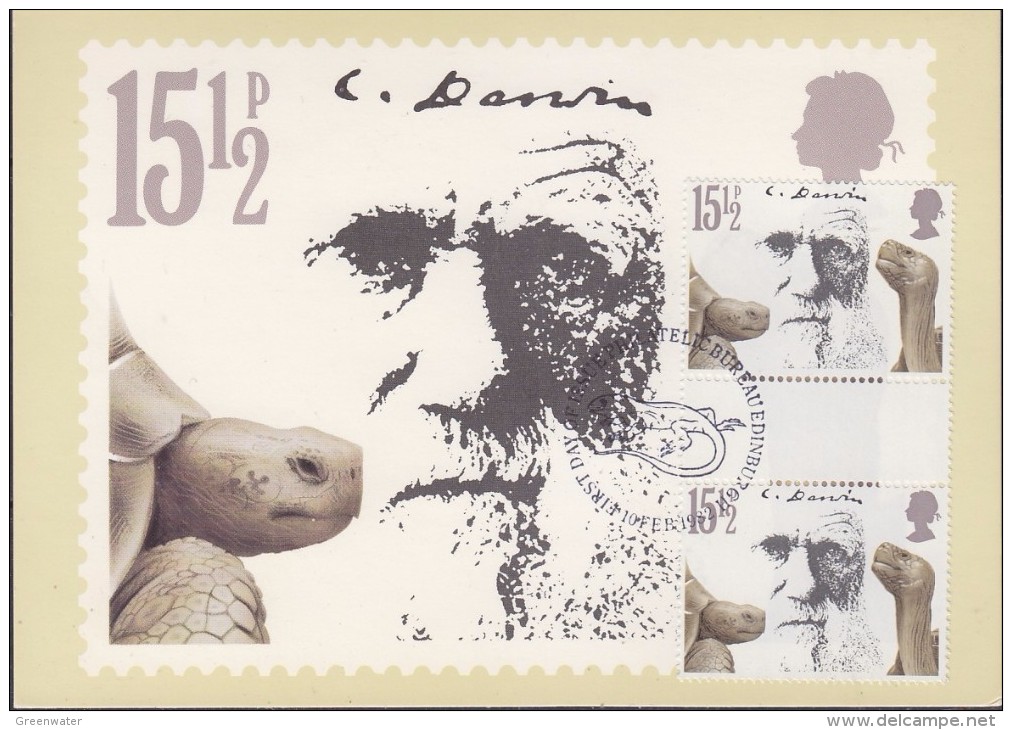 Great Britain 1982 Charles Darwin 15,5P (Giant Tortoises) Gutter Pair On Maxicard (31184) - Maximumkaarten