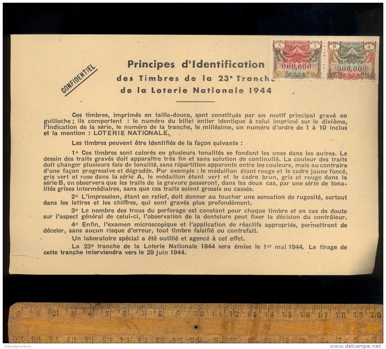 Timbres Spécimen Principes D'identificaion A3 000,000 B4  LOTERIE NATIONALE 23e Tranche 1944 - Specimen