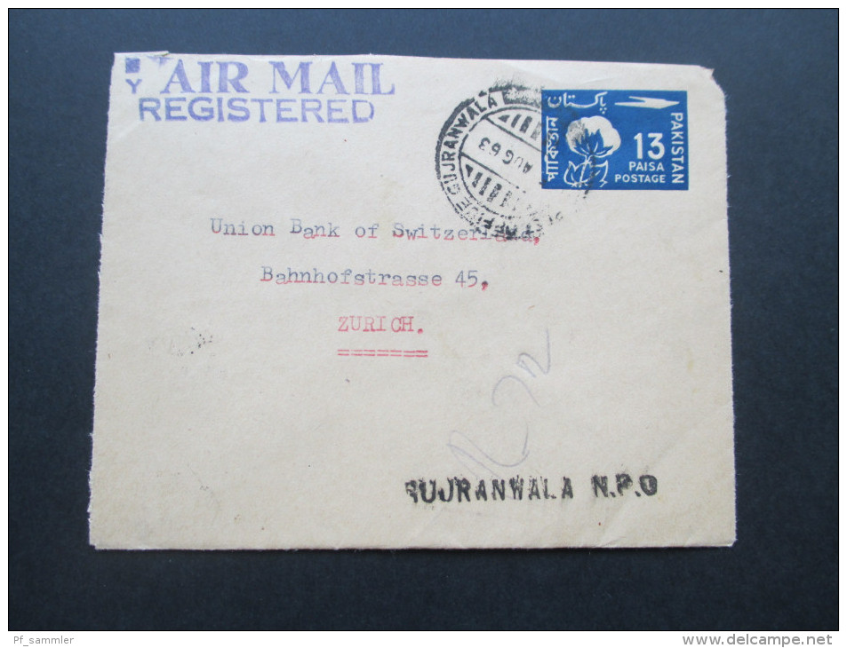 Pakistan 1963 Air Mail Registered Ganzsache Mit Zusatzfrankatur. Gujranwala. N.P.O. The Australasia Bank Ltd - Pakistan