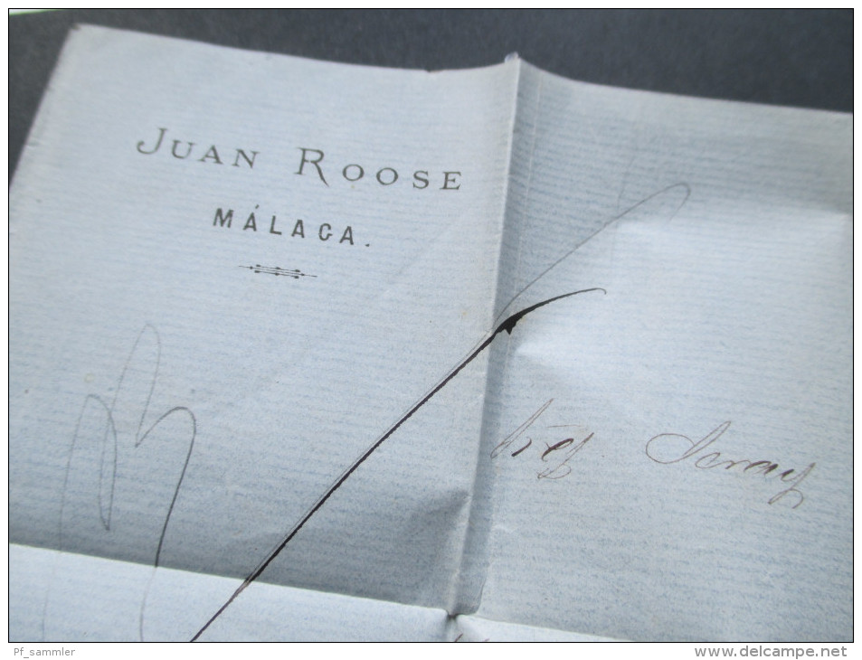 Spanien 1877 Nr. 159 EF nach Paris. Juan Roose Malaga. Est. de Cambio Madrid. Rechnung / Firmenbrief