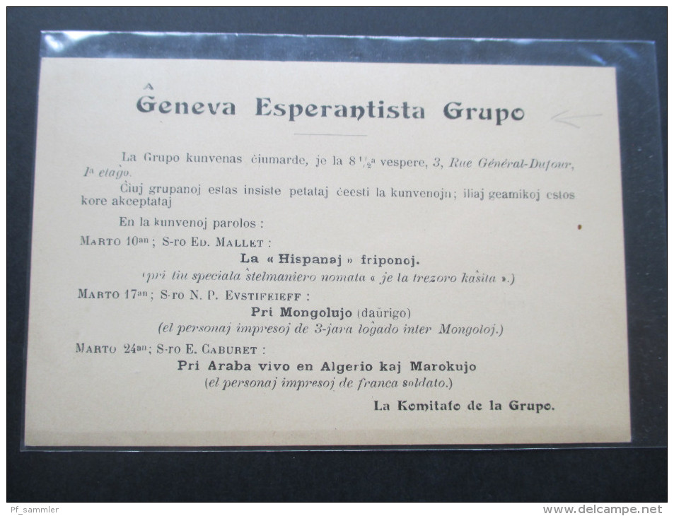 Schweiz 1908 Postkarte Geneva Esperantista Grupo. Esperanto. Imprime - Lettres & Documents