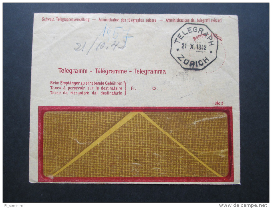 Schweiz 1942 Telegramm / Telegraph Zürich. Schweiz. Telegraphenverwaltung. 2 Umschläge - Cartas & Documentos