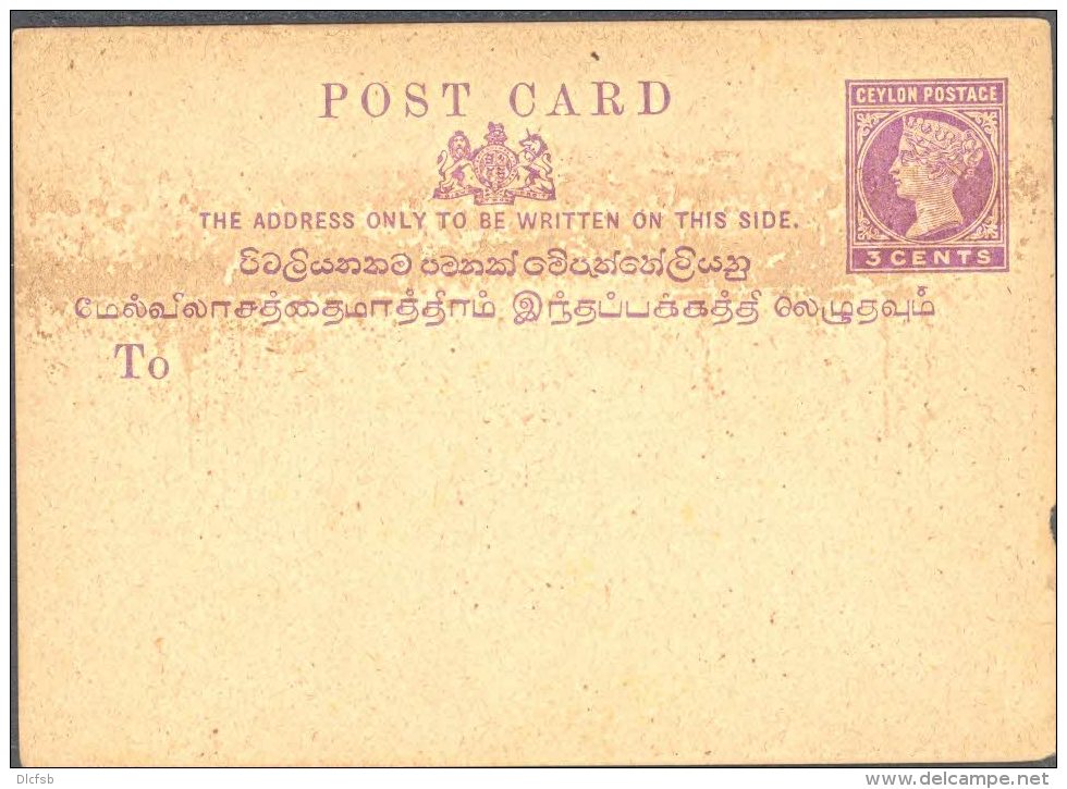 CEYLON, 1885 3c Lilac Postcard - Ceylon (...-1947)