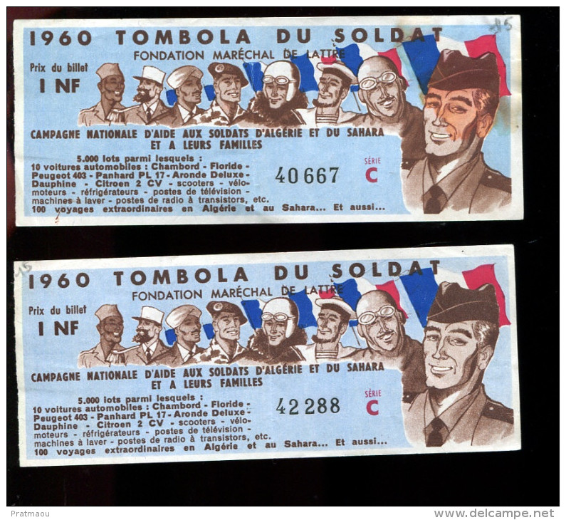 THMS LOTERIE Lot De 2 Billets 1960 Tombola Du Soldat 1 Nouveau Franc - Lottery Tickets